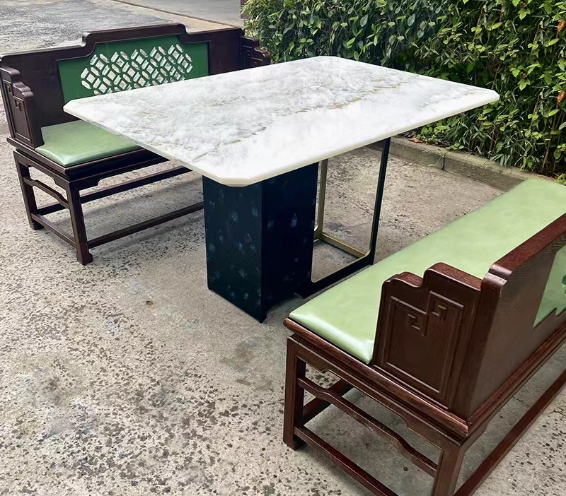 茶餐廳現代簡約新中式大理石鐵藝長方形餐桌