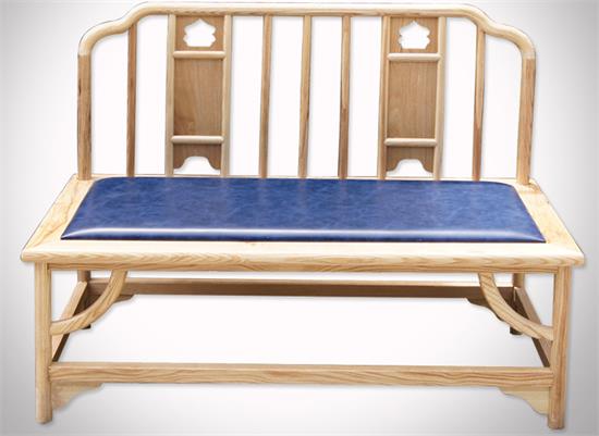 茶樓酒店榆木（mù）皮藝軟包雙人椅休（xiū）息（xī）椅正麵展示