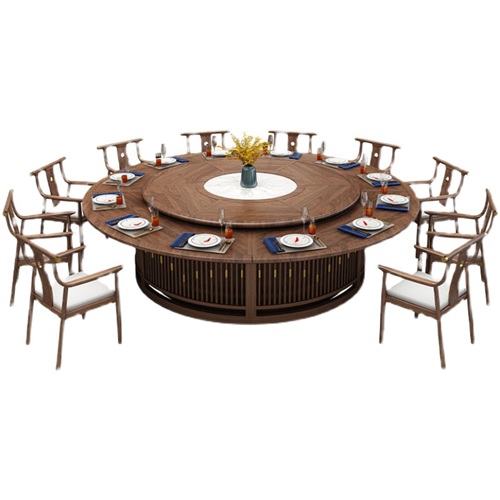 酒店包廂新中式（shì）實木古典電動轉台餐桌