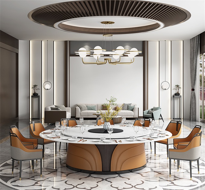 酒店新中式簡約電動圓桌（zhuō）帶轉盤餐桌