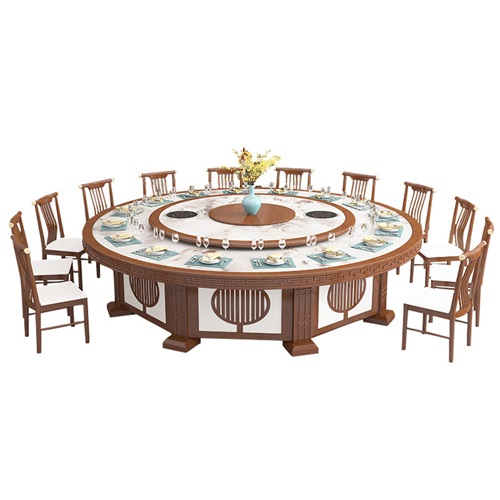 酒店包房新中式大理（lǐ）石電動轉（zhuǎn）盤（pán）2.8米火鍋（guō）餐桌