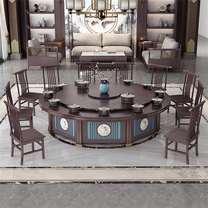 會所包間新中式實（shí）木電動餐桌自動轉盤大圓桌