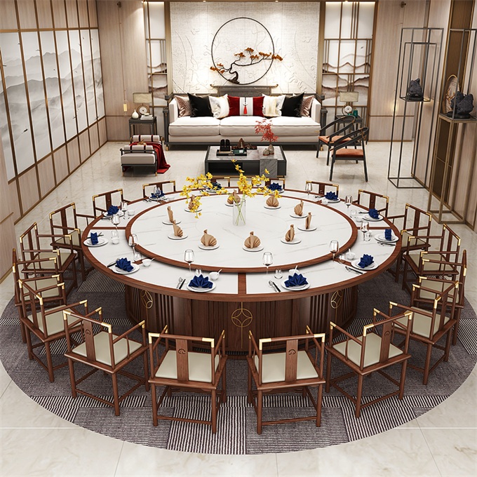 宴會餐廳新中式實木20人（rén）轉盤電動餐桌