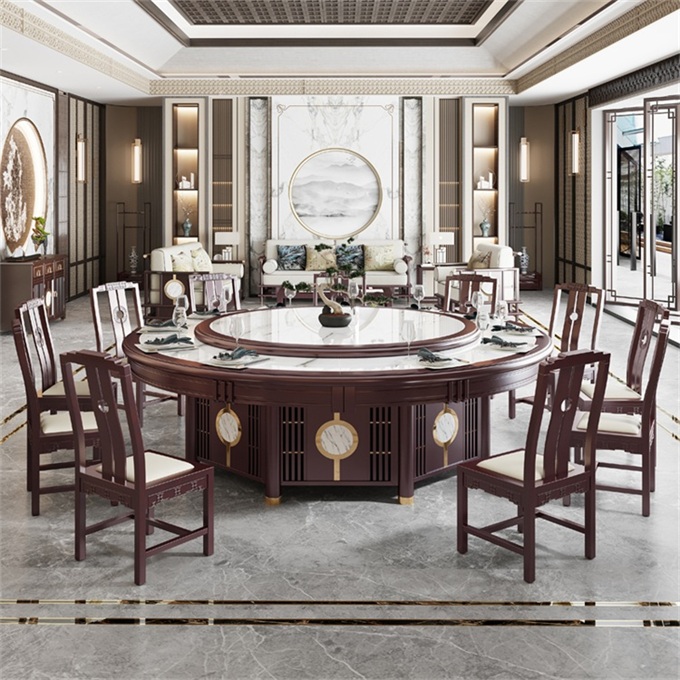 高檔飯店新中式實木飯桌電動（dòng）大理石餐桌