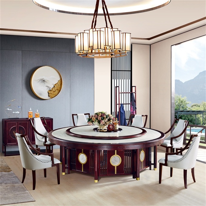 高檔飯店新中式實木（mù）飯桌（zhuō）電動大理石餐桌