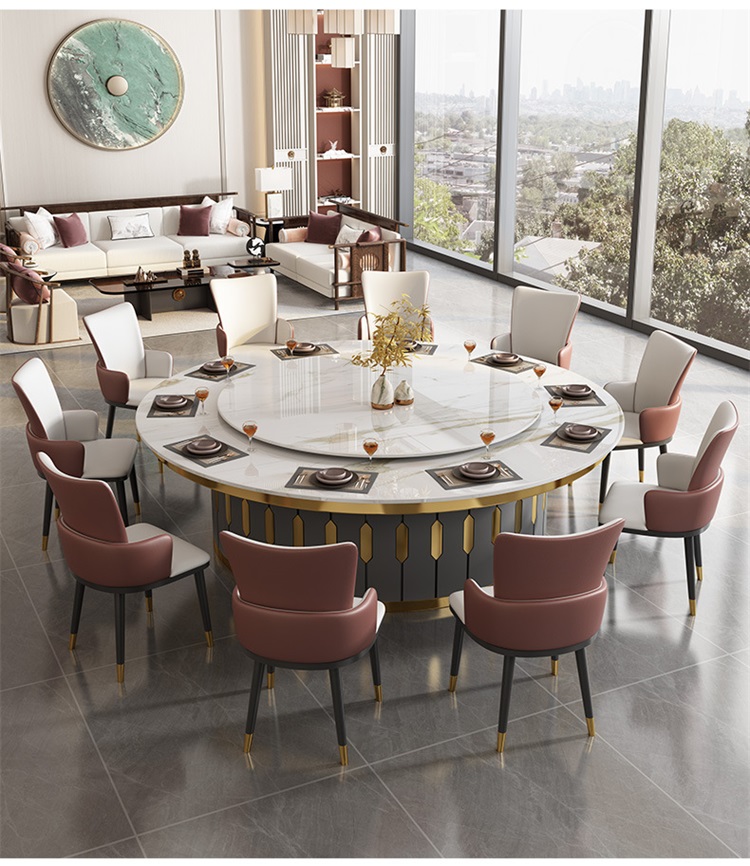 會所酒店包廂宴會自動旋（xuán）轉岩板電動餐桌大圓桌（zhuō）