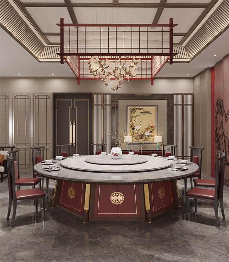 酒店會所新中式實（shí）木豪（háo）華電動餐桌大圓桌