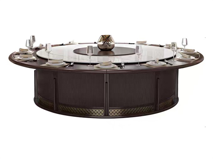 酒店別墅會所新中式高（gāo）端大理石轉盤實（shí）木台麵電動餐桌