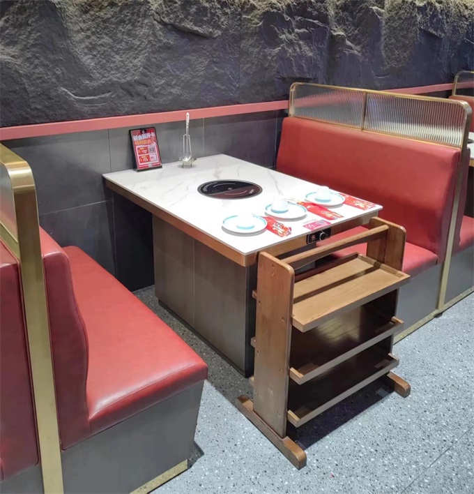 時尚輕奢不鏽鋼（gāng）包邊大理石台麵（miàn）電磁爐火鍋桌