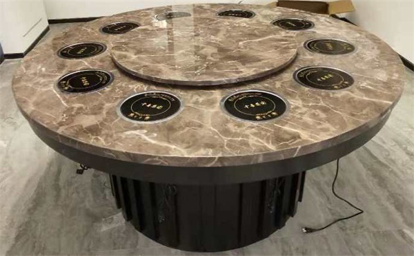 豪華帶電磁爐火（huǒ）鍋轉盤10人（rén）圓桌_酒店十人台火鍋電動餐桌