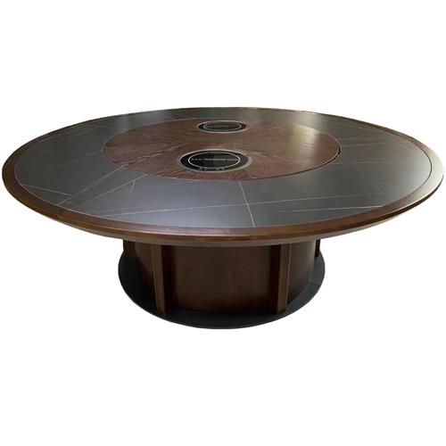 15人16人實木封邊岩板台麵轉盤帶電磁爐電動火鍋桌