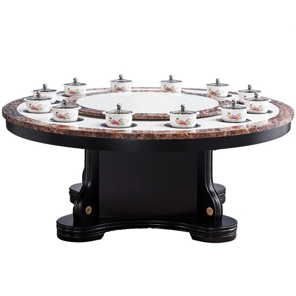 火鍋桌子12人一人一鍋（guō）帶電磁爐火鍋轉盤圓桌