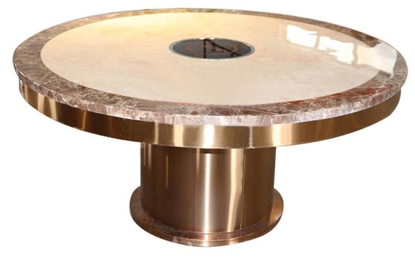 金色大理石餐桌_中間電磁爐火鍋桌_金色拉絲五金（jīn）底（dǐ）座火鍋桌