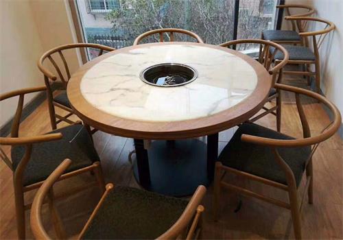 鐵藝桌腳實木（mù）邊框（kuàng）鑲嵌大理石圓形時尚火鍋桌