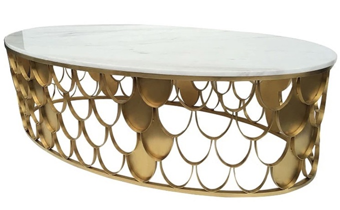 北歐拉絲（sī）不鏽鋼輕奢橢圓形魚鱗ktv茶幾