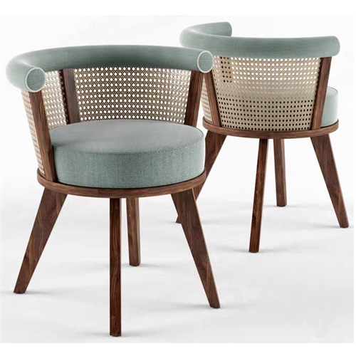 咖啡廳實木布藝（yì）軟包藤編（biān）靠背椅
