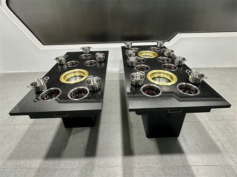 商（shāng）用8人位無煙涮烤一體桌｜黑（hēi）色大理石台麵｜自帶（dài）無煙淨化（huà）功能