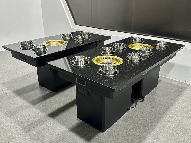 商用（yòng）8人位無煙涮烤一體桌｜黑色大理石台麵｜自帶無煙淨化功能