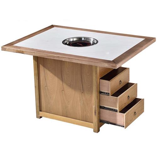 新中式仿古帶抽屜（tì）實木邊框（kuàng）鑲嵌大理石（shí）下沉式火（huǒ）鍋桌