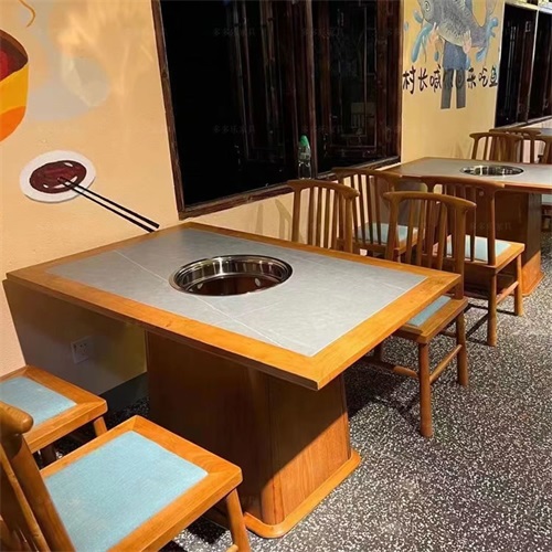 中式仿古實木封邊岩板台麵下（xià）沉式電磁爐火鍋桌