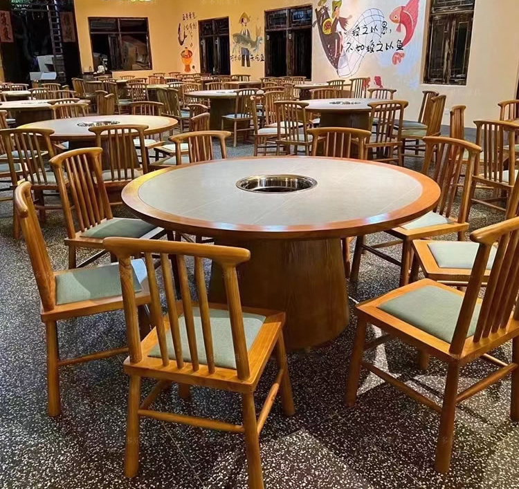 中式仿古實木封邊岩板台麵下沉式電磁爐火鍋桌