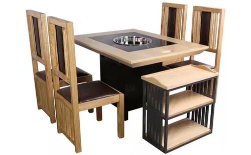 實木邊框鑲嵌大理石自助火鍋麻（má）辣燙下沉式電磁爐火鍋桌