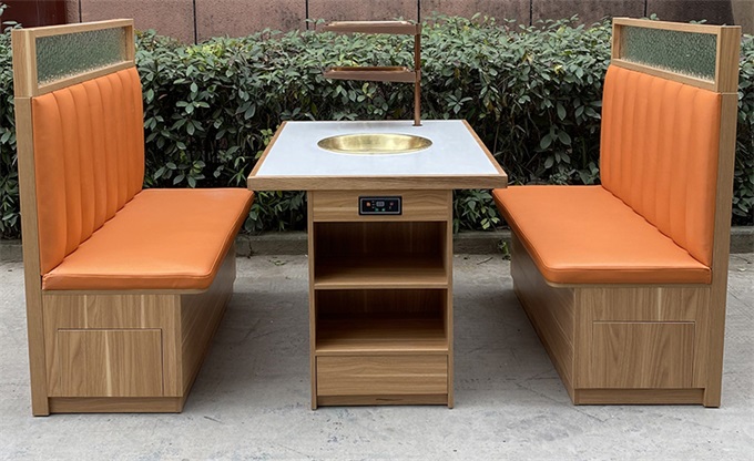 新款時尚實木封邊大（dà）理石台麵火鍋桌桌麵帶菜架功能