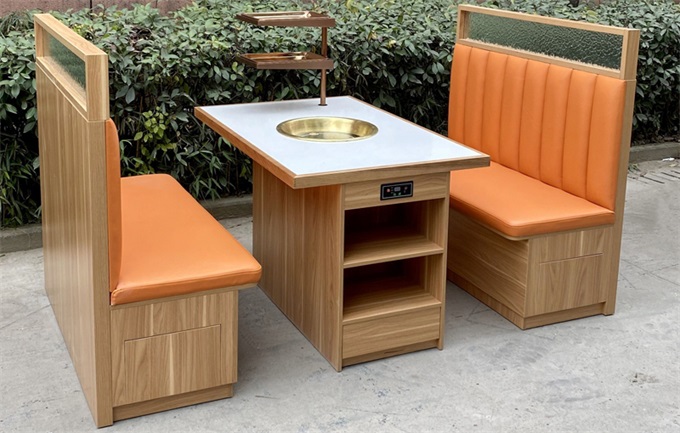 新款時尚實木（mù）封邊大理石台麵火鍋桌桌麵帶菜架功（gōng）能