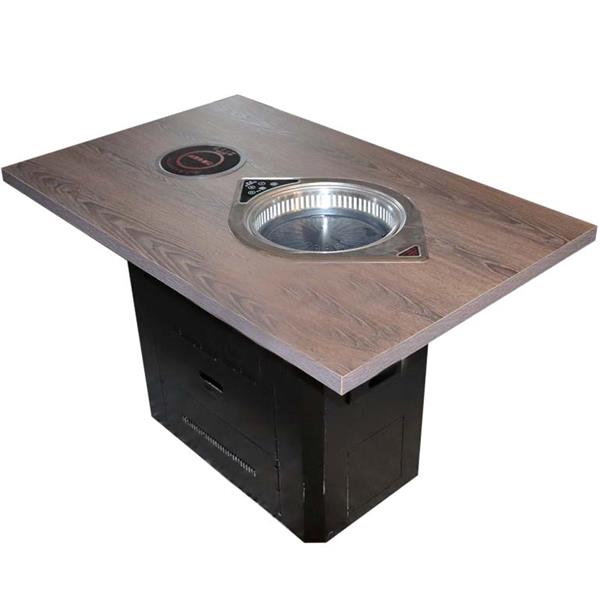 實木方形花（huā）紋桌麵 黑色方桶腳 電磁爐餐桌 烤涮鍋一體（tǐ）火鍋桌