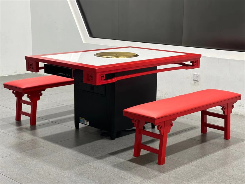 中式複古實木封邊大理石無煙淨化火鍋桌