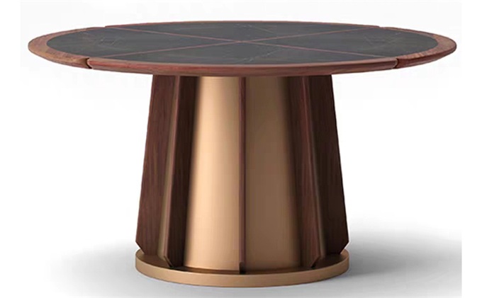 現代中式餐廳包房鈦（tài）金不鏽鋼岩板圓桌