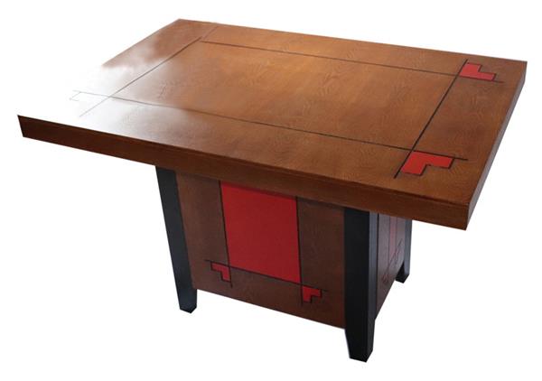 複古風格（gé）方形實木餐桌_紅色祥雲雕花實木（mù）方腳黑色邊（biān）腳桶