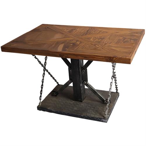 長方形工業鐵藝_實木桌（zhuō）麵米子結構餐桌_鎖鏈（liàn）拉桌_五金工業鐵板